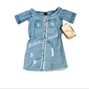 Distressed Denim Jean Off Shoulder Dress